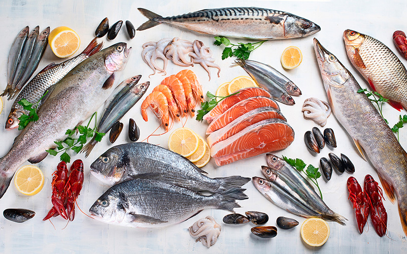 Eine Vielzahl roher Fische und Meeresfrüchte liegt dekorativ auf einer hellen Fläche, darunter ganze Fische, Lachsfilets, Garnelen, Muscheln und Zitronenscheiben.